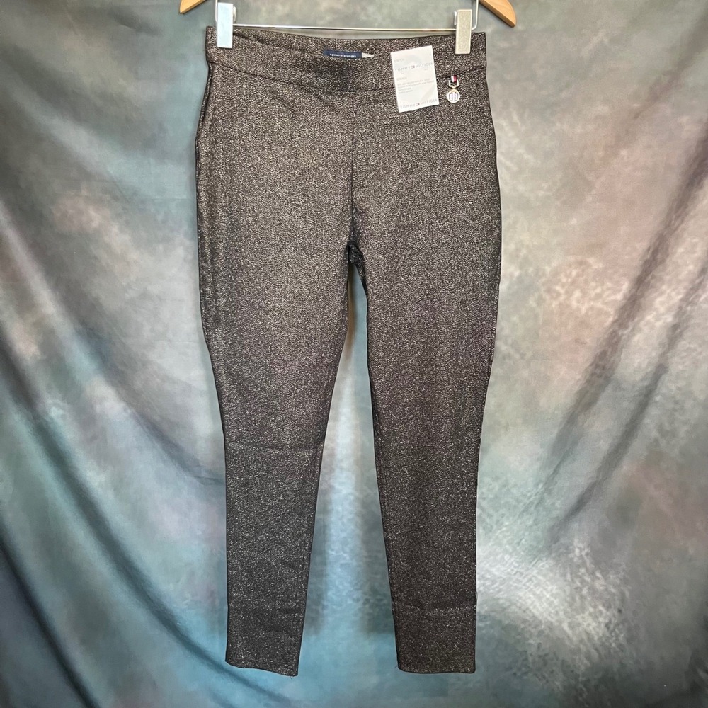 Tommy Hilfiger Women's Sparkle Tapered Leg Ankle Pants Size 8 Black‎ Gold